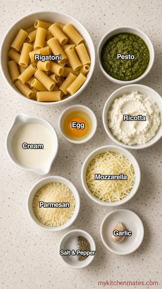 Cheesy, Creamy Pesto Pasta Bake Ingredients