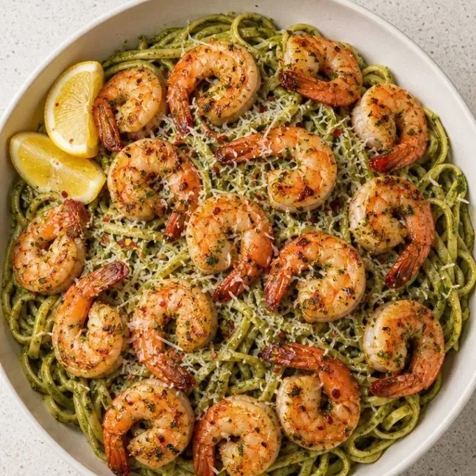 Quick Pesto Shrimp Pasta pesto shrimp pasta_featured_igb