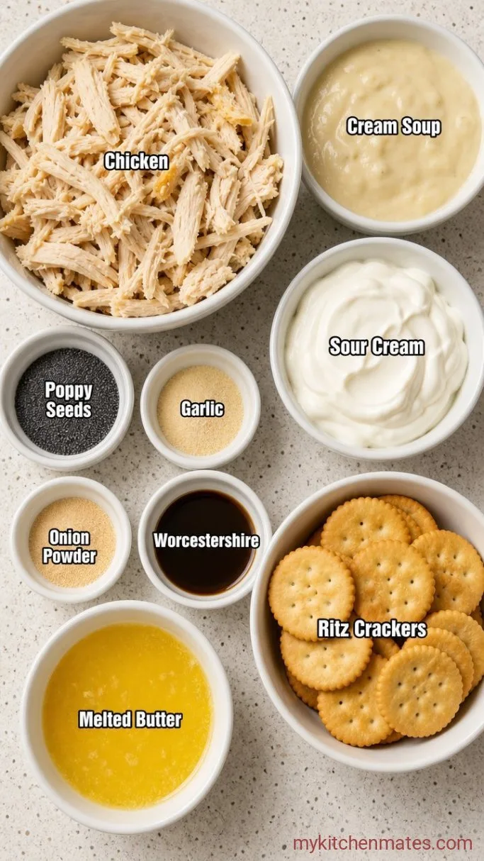 Easy Creamy Poppy Seed Chicken Casserole with Ritz Topping Ingredients