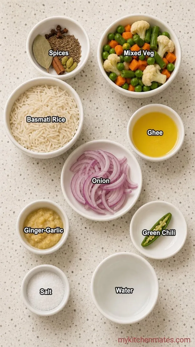 Fragrant Vegetable Pulao (Indian Rice Pilaf) Ingredients