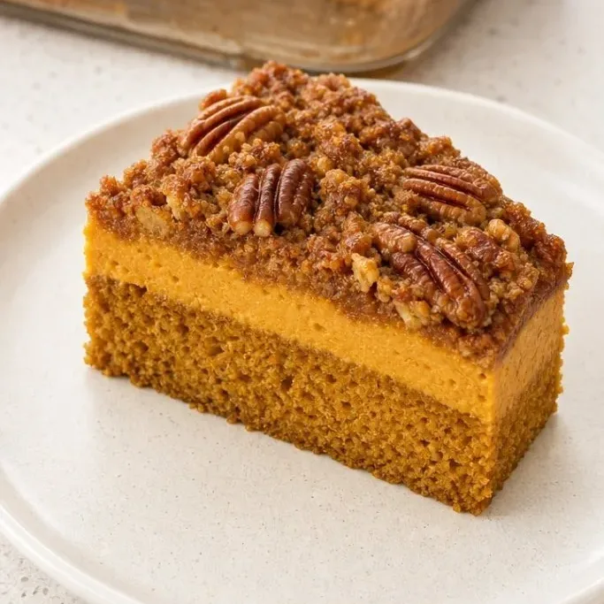 Creamy Pumpkin Pie Cake with Crunchy Pecan Topping Pumpkin Pie Cake