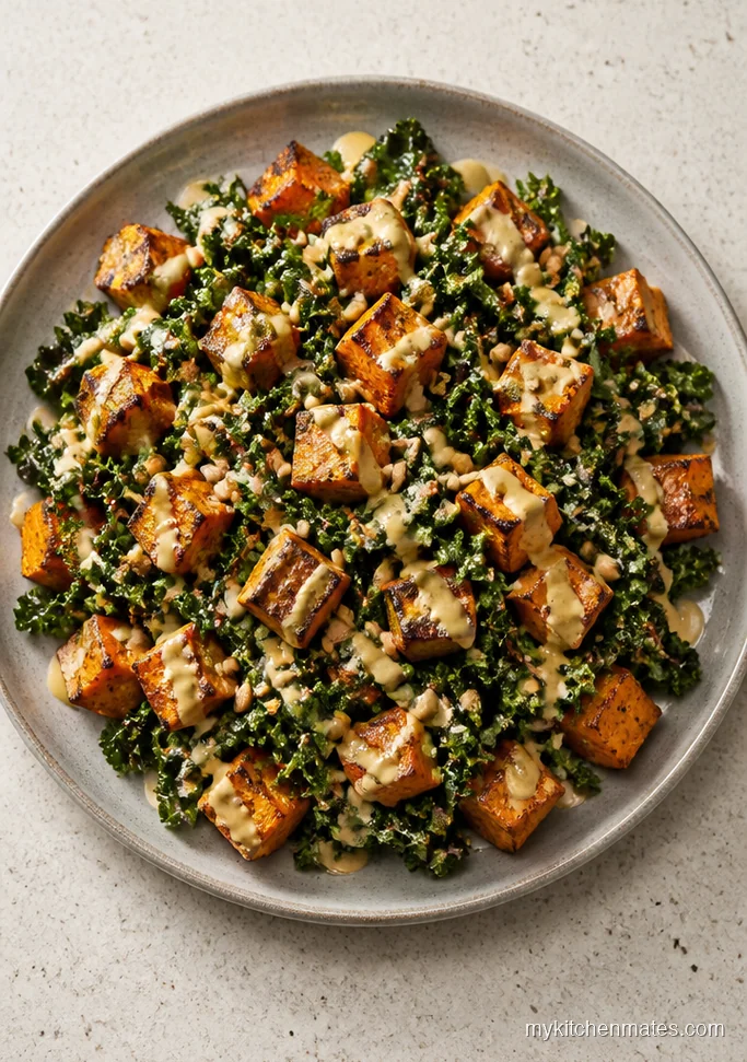 Roasted Kale Sweet Potato Salad with Tahini