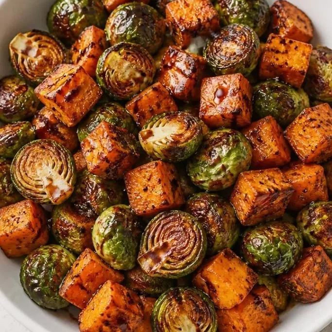 Roasted Sweet Potatoes And Brussel Sprouts
