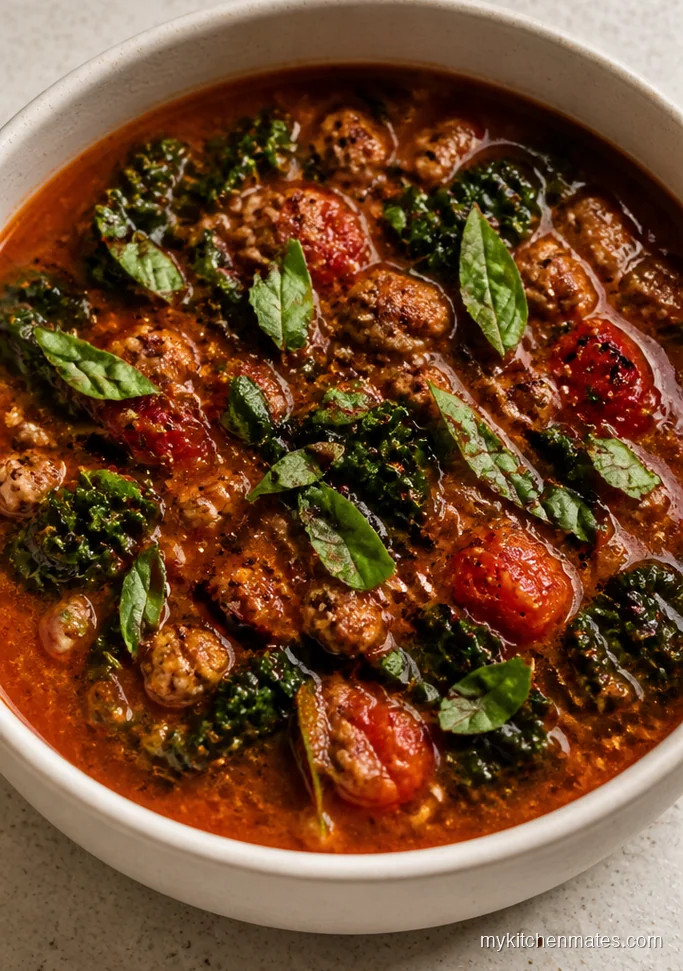 Roasted Tomato Kale Soup with Chicken Sausage