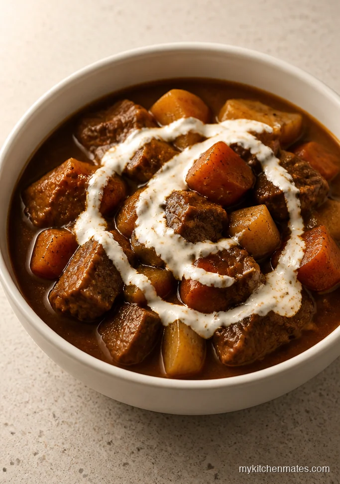 Root Vegetable Beef Stew with Horseradish Cream