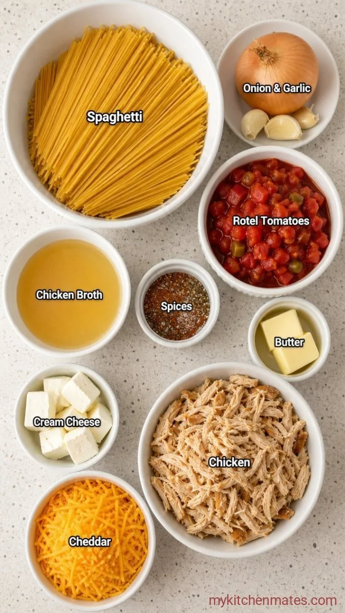 30-Minute Creamy Rotel Chicken Spaghetti Ingredients