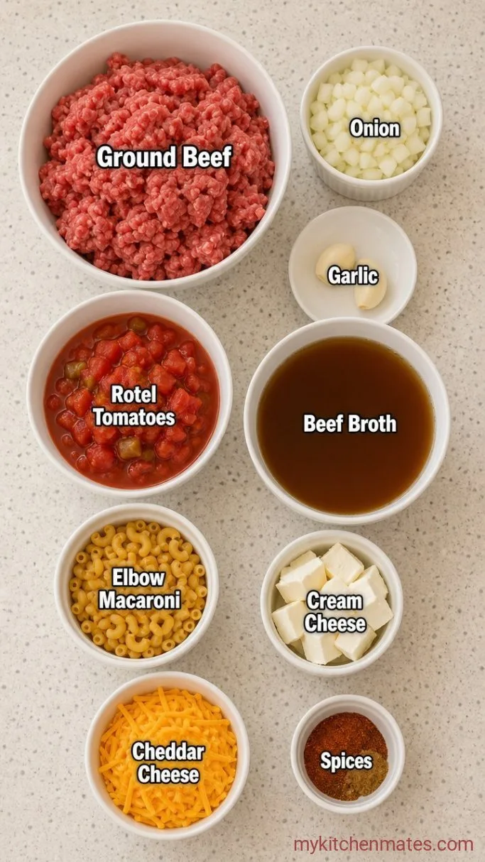 One-Pot Creamy Rotel Pasta with Ground Beef Ingredients