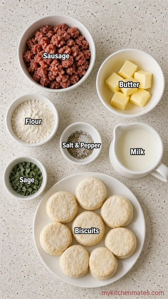 Easy Sausage Gravy Casserole with Flaky Biscuits Ingredients