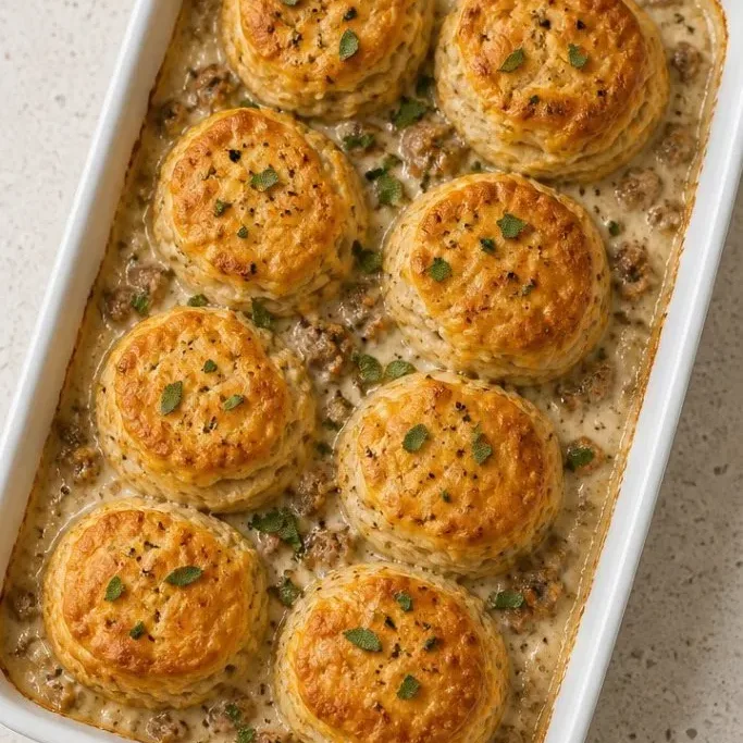 Easy Sausage Gravy Casserole with Flaky Biscuits Sausage Gravy Casserole