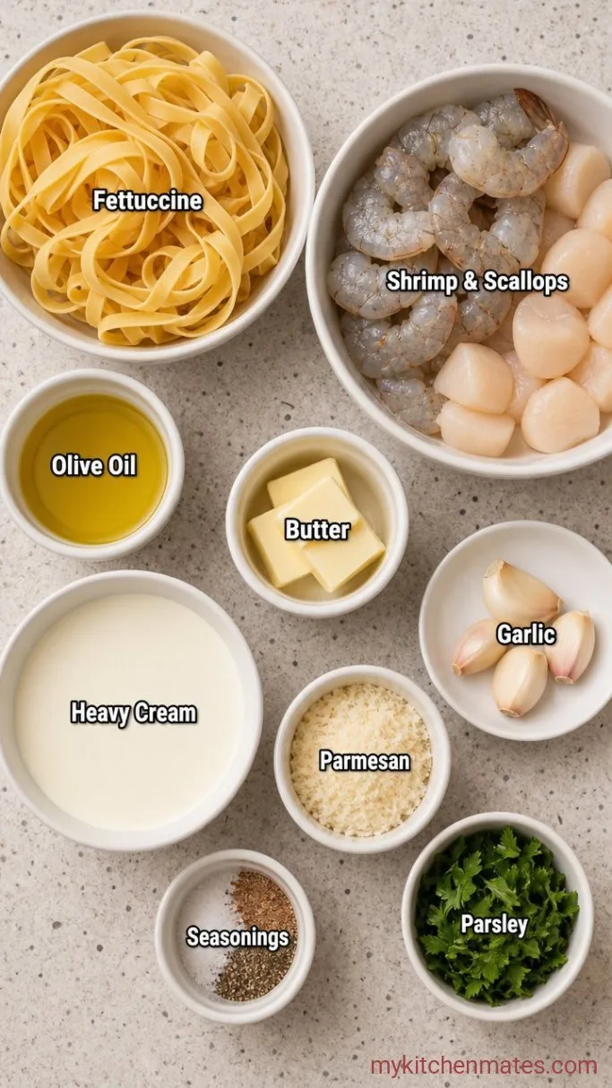 30-Minute Creamy Seafood Fettuccine Alfredo Ingredients