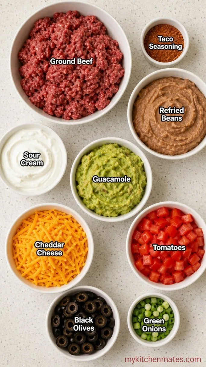 Seven-Layer Dip with Seasoned Ground Beef Ingredients