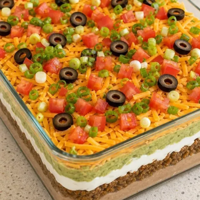 Seven-Layer Dip with Seasoned Ground Beef Seven Layer Dip with Ground Beef