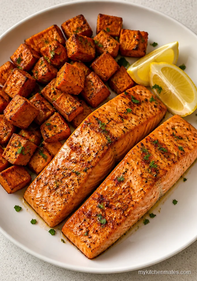 Sheet Pan Garlic Butter Salmon and Sweet Potatoes