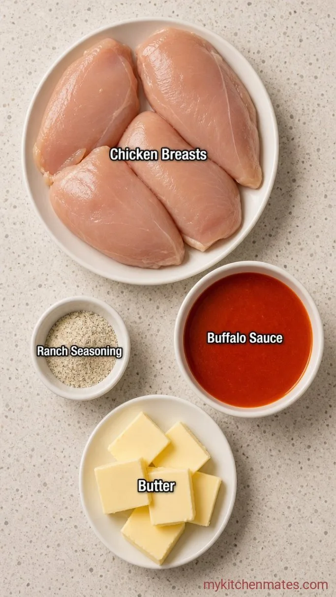 4-Ingredient Slow Cooker Shredded Buffalo Chicken Ingredients