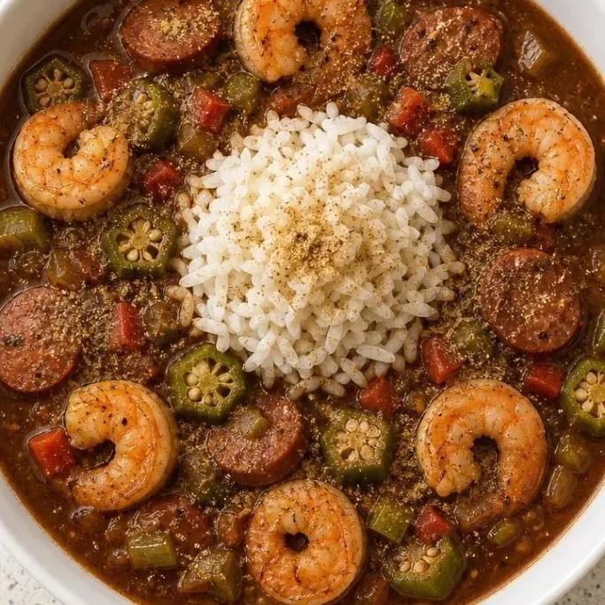 Shrimp and Sausage Gumbo with a Dark Roux Shrimp and Sausage Gumbo