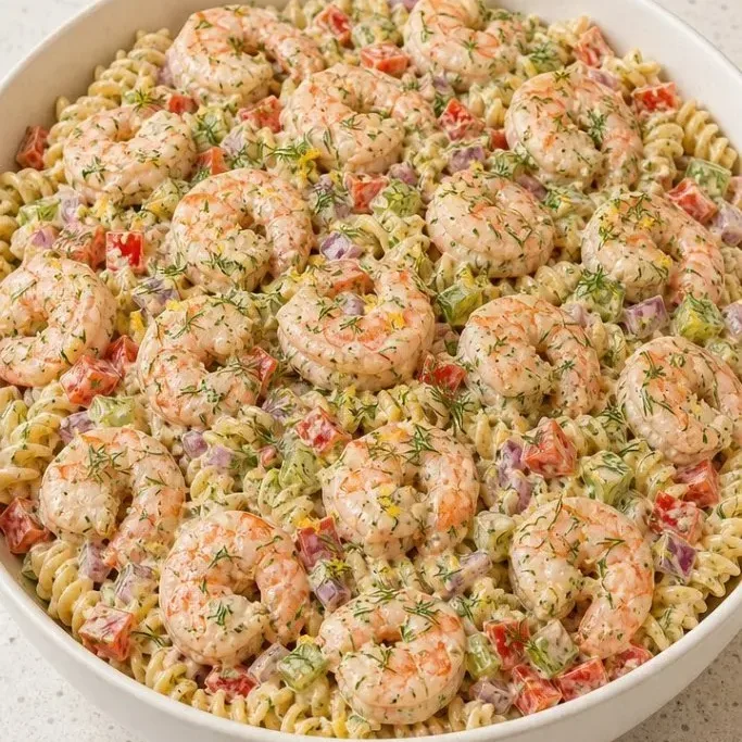 Creamy Shrimp Pasta Salad with Lemon and Dill shrimp pasta salad_featured_olr