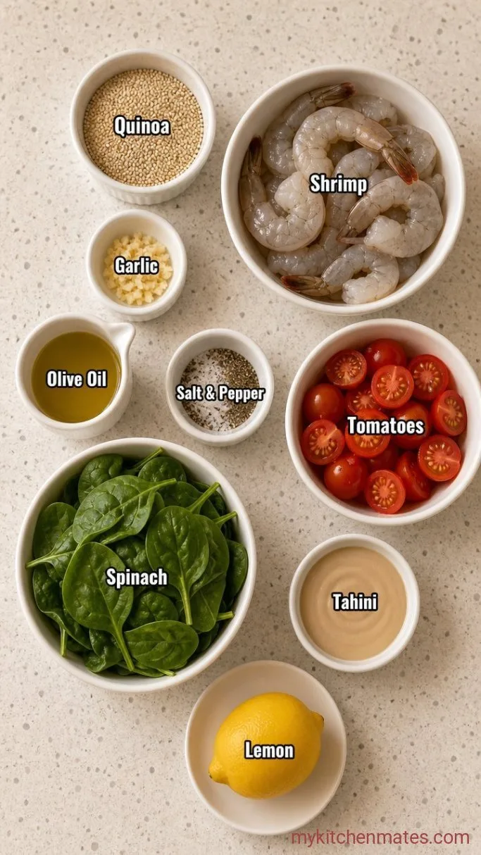 30-Minute Shrimp Quinoa Bowl with Lemon-Tahini Dressing Ingredients
