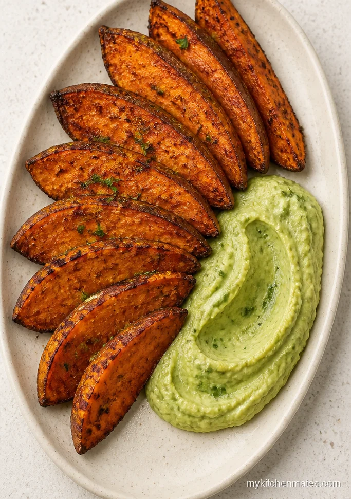 Smoky Roasted Sweet Potato Wedges with Avocado Dip