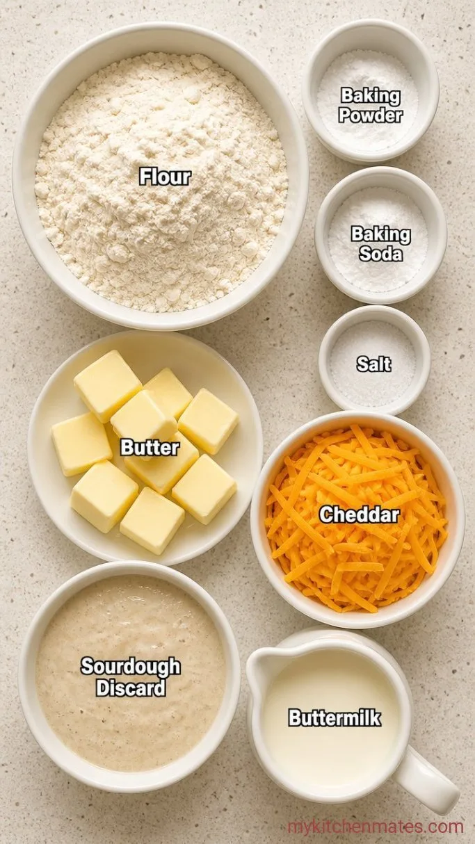 Quick & Flaky Sourdough Cheddar Biscuits Ingredients