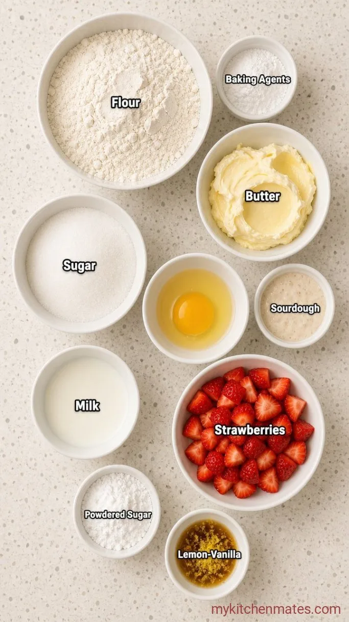 Easy One-Bowl Sourdough Strawberry Cake with Lemon Glaze Ingredients