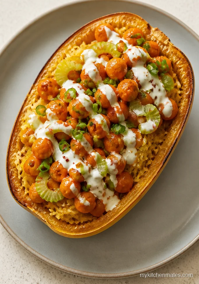 Spicy Buffalo Chickpea Spaghetti Squash