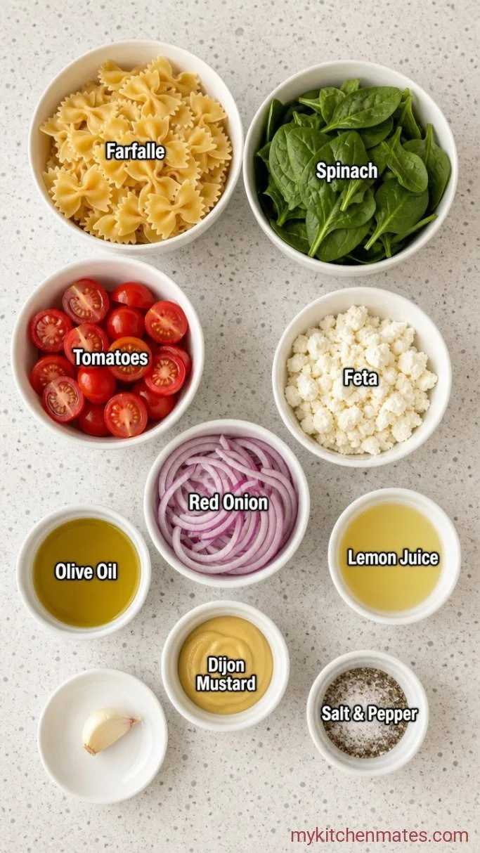 Bright & Easy Spinach Pasta Salad with Cherry Tomatoes and Feta Ingredients