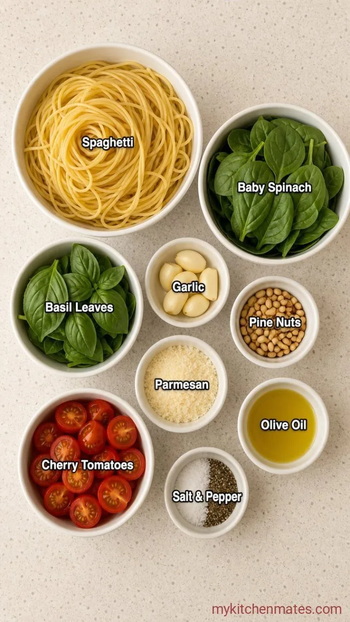 20-Minute Spinach Pesto Pasta with Burst Cherry Tomatoes Ingredients