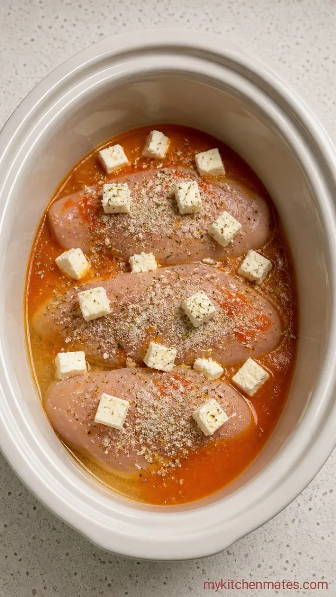 Creamy Crockpot Buffalo Chicken Pasta Step 1: Add the Chicken and Sauce