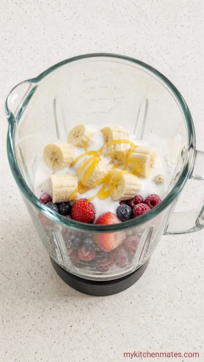 Quick Berry-Banana Frozen Fruit Smoothie (3 Ingredients) Step 1: Add the Fruit and Milk