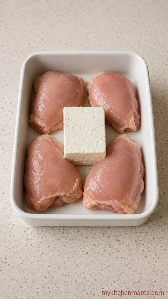 One-Pan Baked Hot Honey Feta Chicken Step 1: Arrange the Chicken and Feta