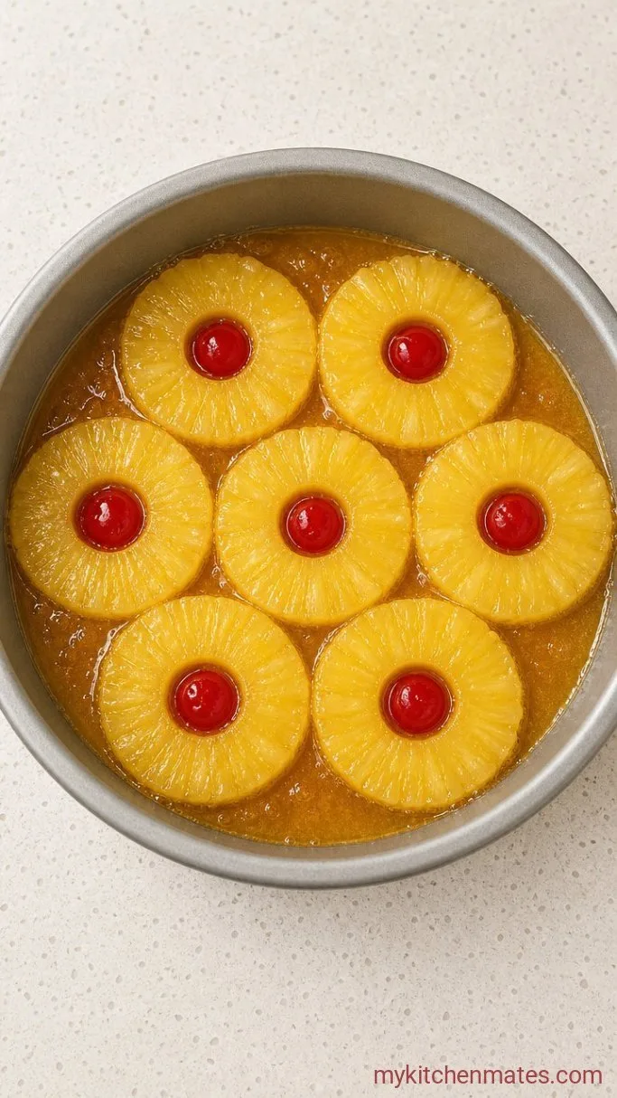 One-Pan Pineapple Upside Down Cheesecake Step 1: Arrange the Pineapple Layer