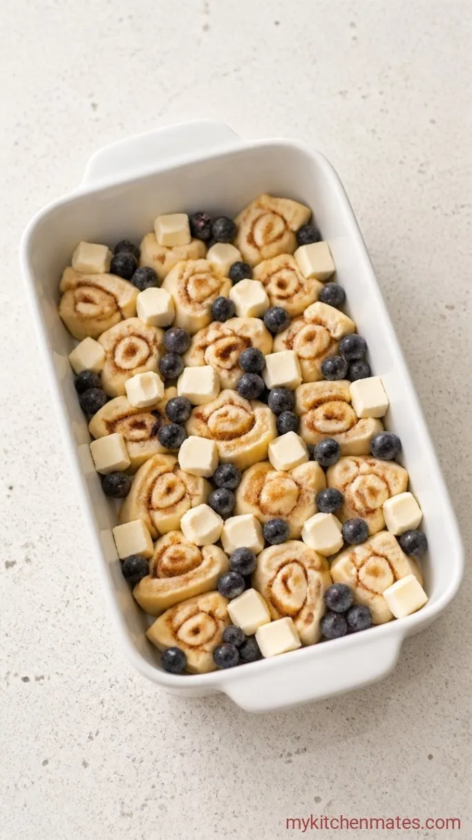 Overnight Blueberry Cinnamon Roll Casserole Step 1: Assemble the Casserole