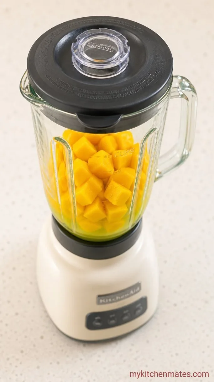 3-Ingredient Sparkling Mango Lime Mocktail Step 1: Blend the Mango and Lime