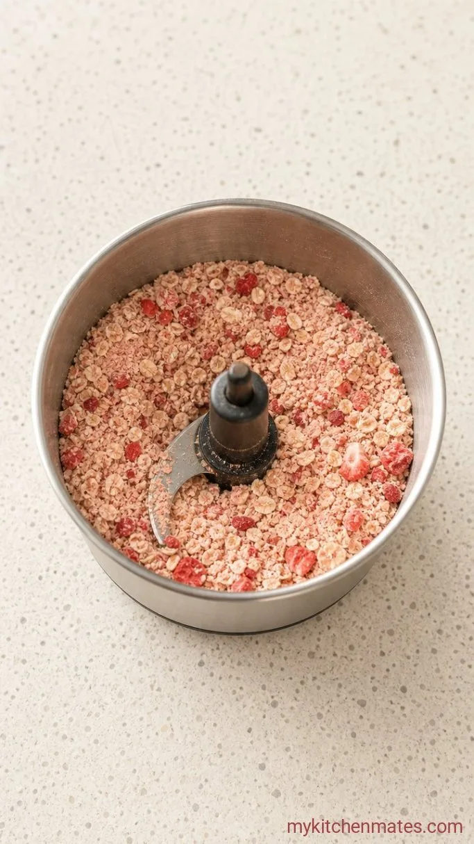 No-Bake Strawberry Cheesecake Protein Balls Step 1: Blitz the Strawberries and Oats