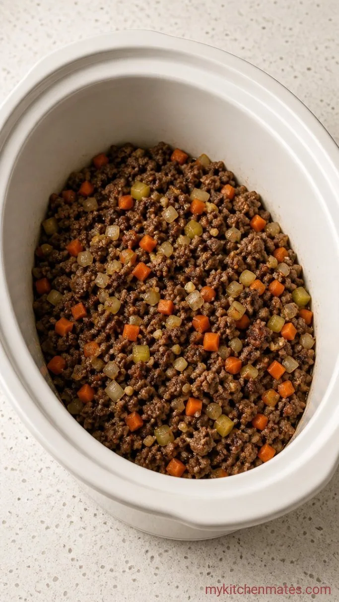 Hearty Crockpot Pasta Fagioli Soup Step 1: Brown the Beef and Aromatics