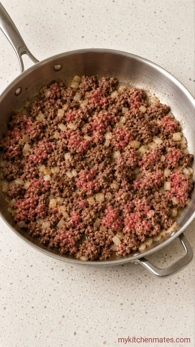 Creamy One-Pan Ground Beef Stroganoff Step 1: Brown the Beef and Onion