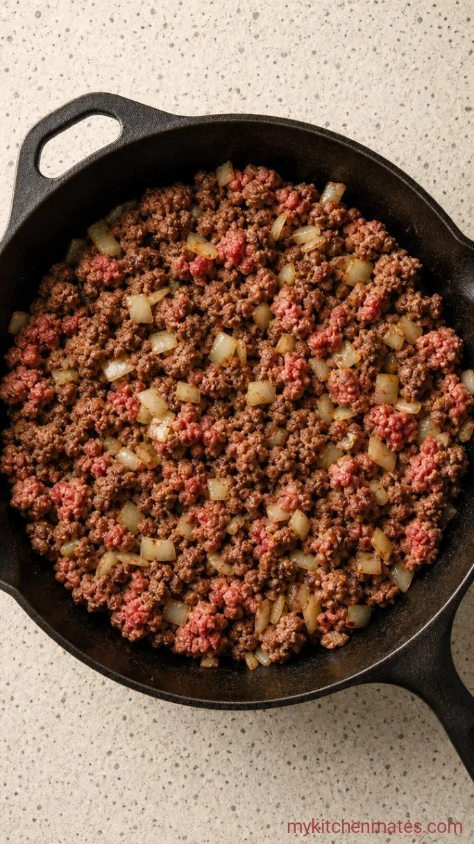 30-Minute Creamy Parmesan Garlic Beef Bowtie Pasta Step 1: Brown the Beef and Onion