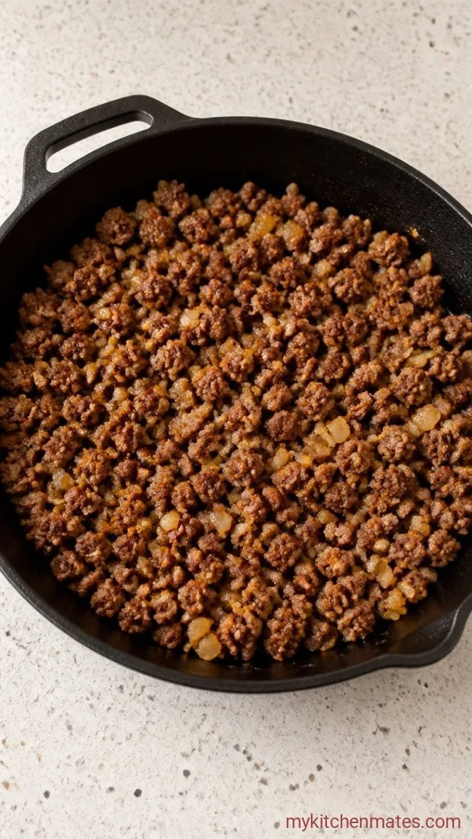 One-Skillet Cheesy Ground Beef and Rice Casserole Step 1: Brown the Beef and Onion