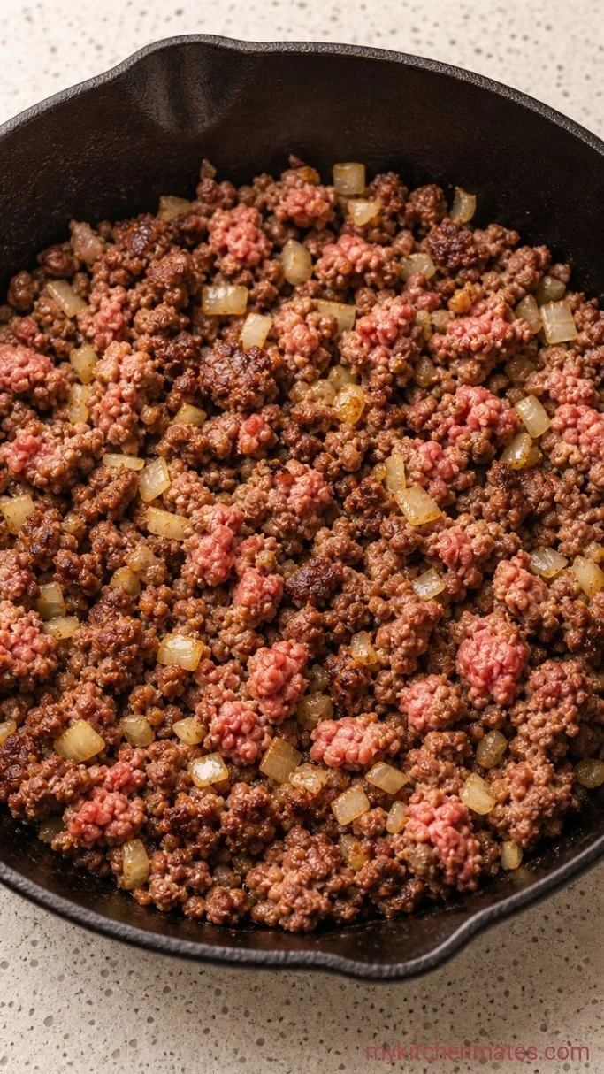 No-Roll Ground Beef Enchilada Casserole Step 1: Brown the Beef and Onion
