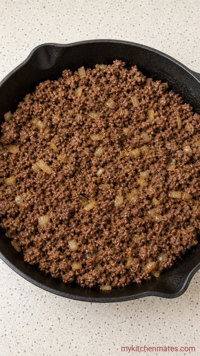 One-Pan Cheeseburger Tater Tot Casserole Step 1: Brown the Beef and Onion