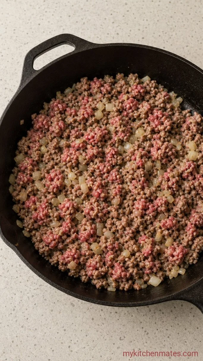 Sticky, Cheesy Texas Toast Sloppy Joes Step 1: Brown the Beef and Onion