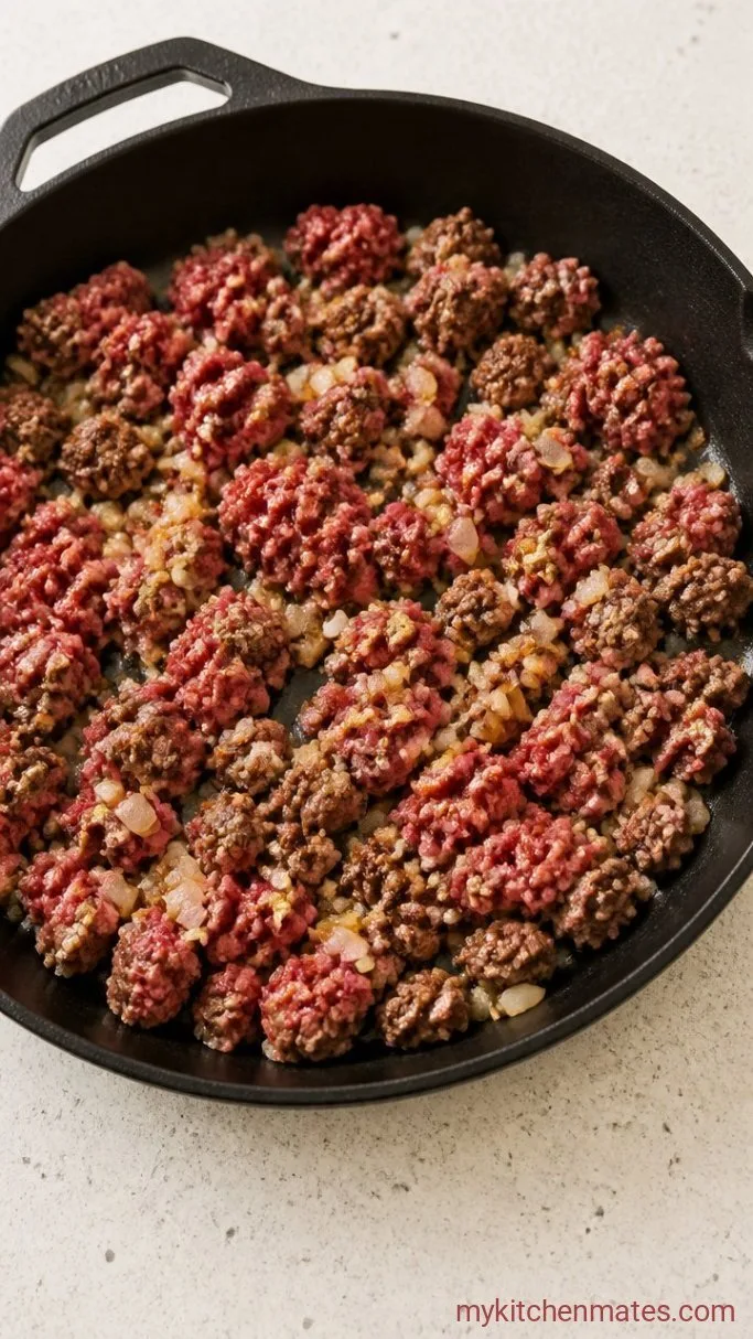 One-Pan Cheesy Taco Rice Bake Step 1: Brown the Beef and Onion