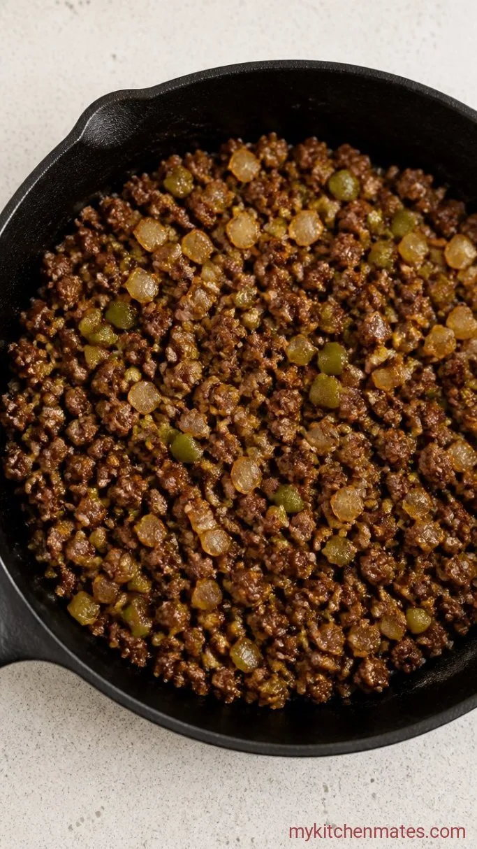 Set-and-Forget Crockpot Pizza Casserole Step 1: Brown the Beef and Veggies