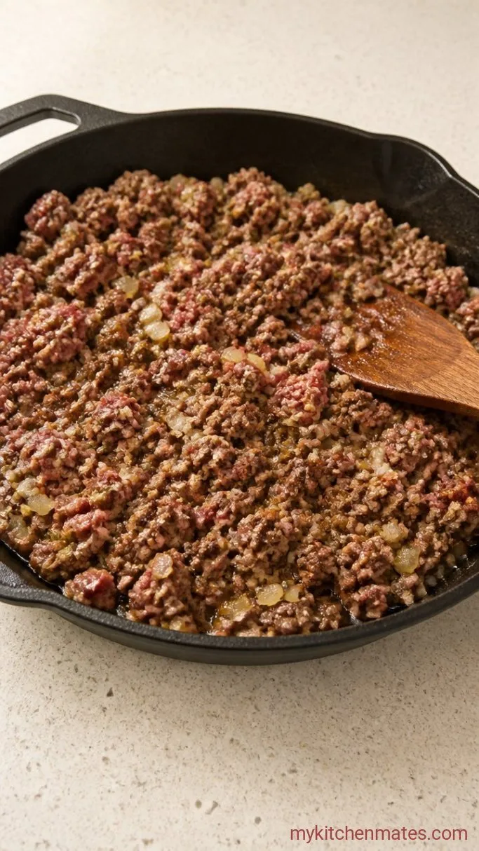 One-Skillet Hamburger Cabbage Casserole Step 1: Brown the Meat and Onion