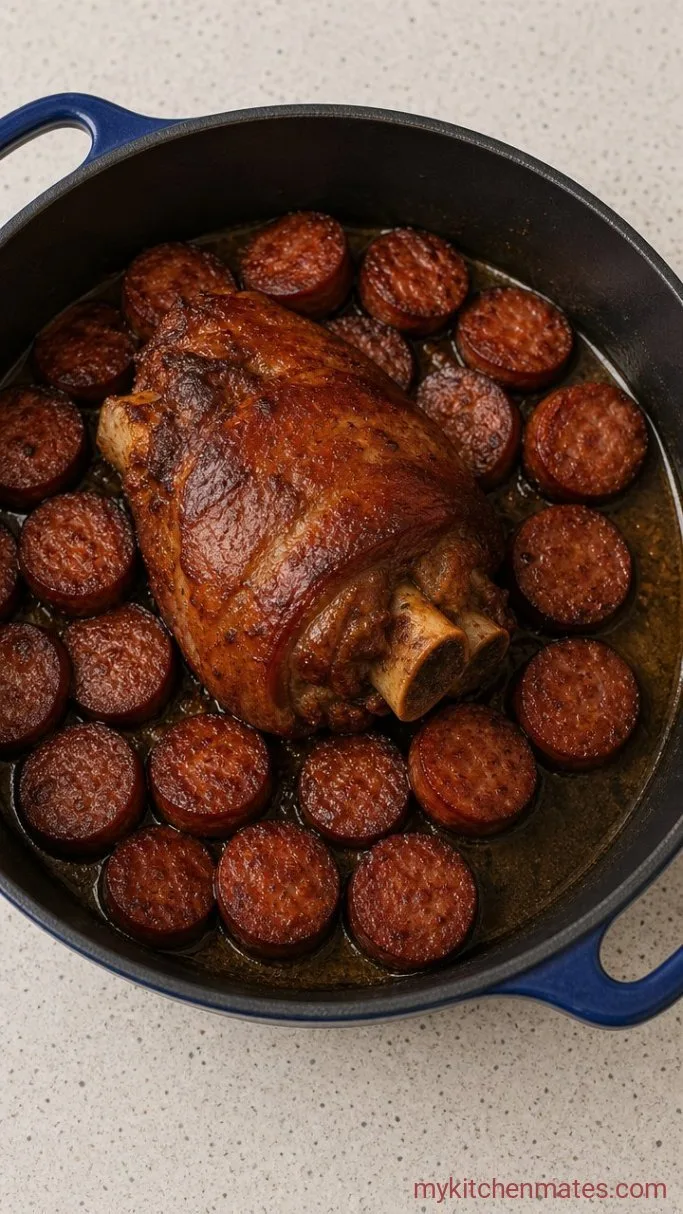 Hearty Portuguese Bean Soup with Smoked Sausage and Cabbage Step 1: Brown the Meats
