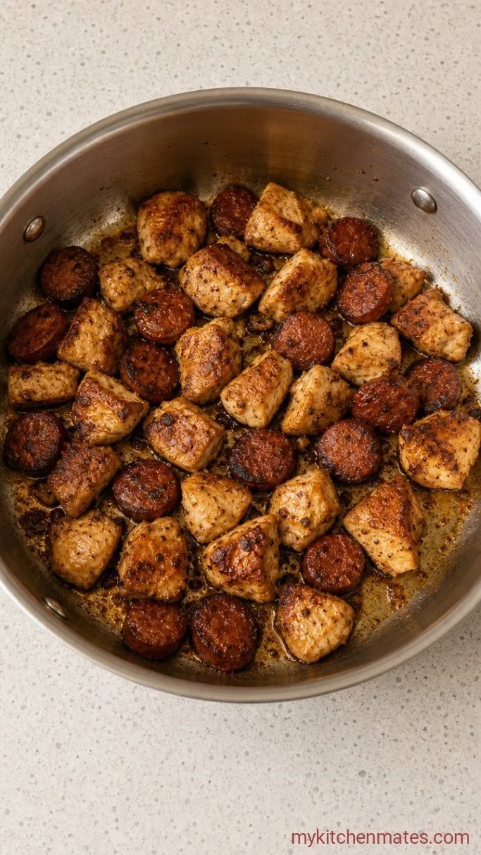 30-Minute Creamy One Pot Cajun Pasta Step 1: Brown the Sausage and Chicken