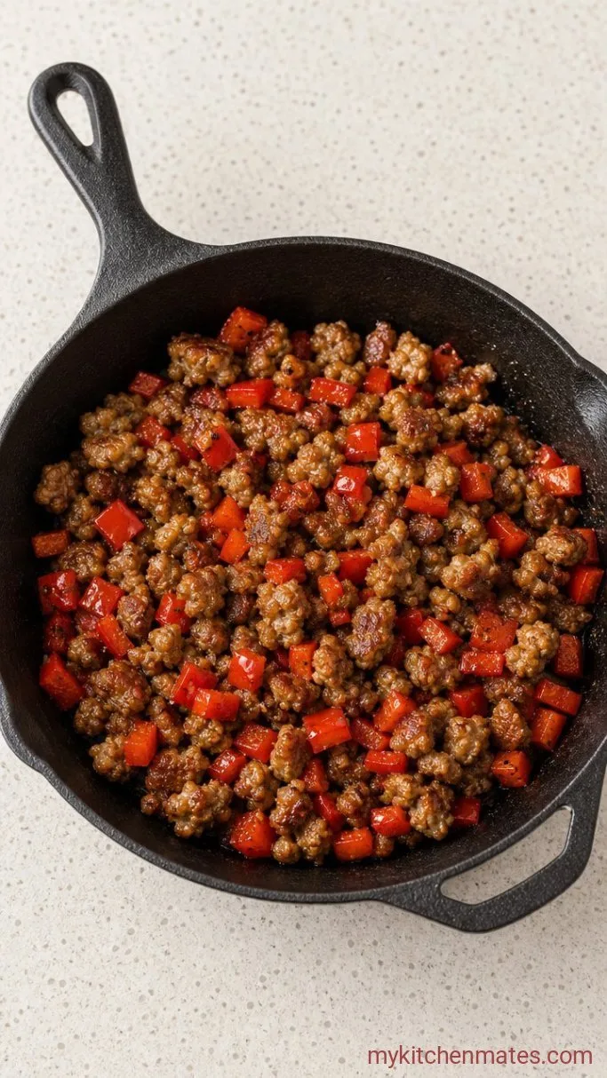 Make-Ahead Christmas Breakfast Casserole Step 1: Brown the Sausage and Peppers
