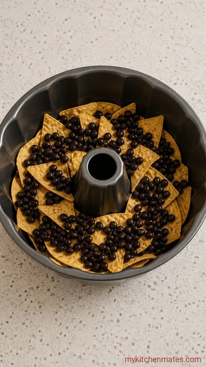 Cheesy Bundt Pan Nachos for Your Next Party Step 1: Build the First Chip and Bean Layer