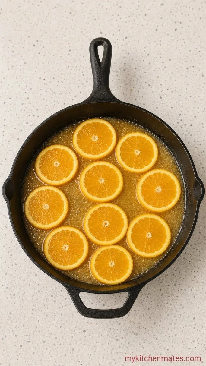 Burnt Orange Cake with Caramelized Orange Slices Step 1: Caramelize the Orange Slices
