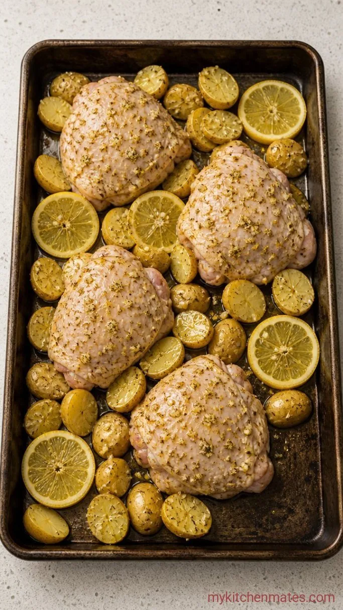 Crispy Sheet Pan Lemon Chicken Step 1: Coat the Chicken and Potatoes